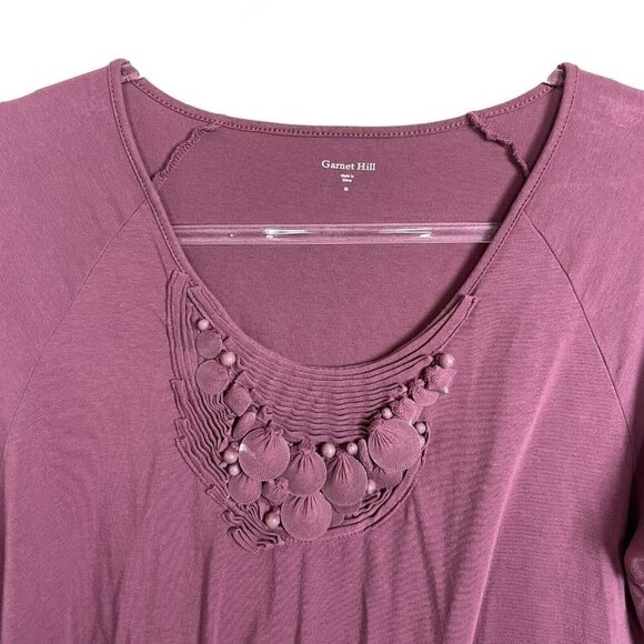 Garnet Hill Grape Purple Embellished Neck 3/4 Sleeve Tunic Top Size M - Picture 2 of 6